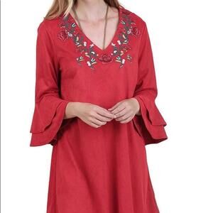283 Umgee Red Embroidered Tunic Dress with Ruffle Sleeves (Size L, EUC)